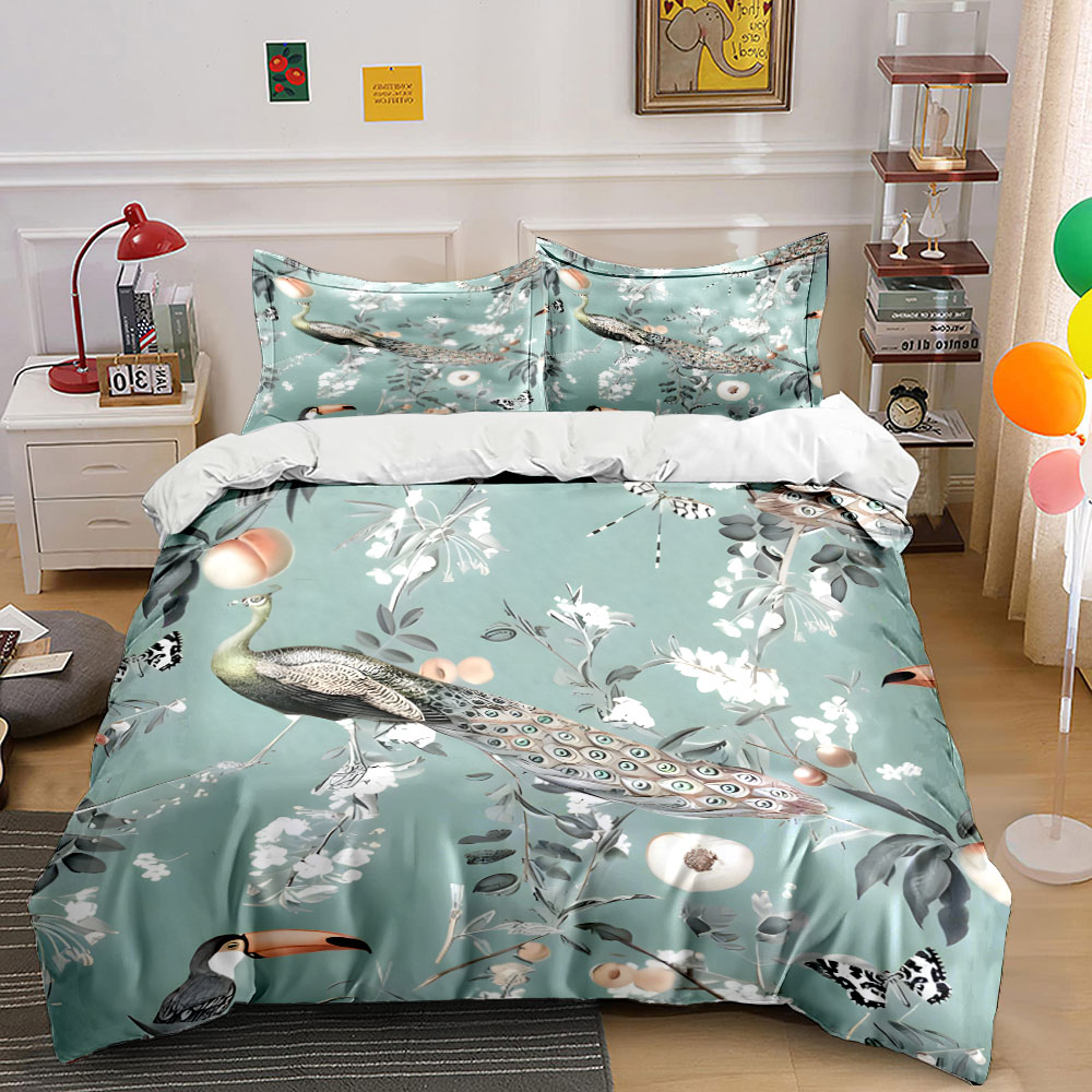3PC Peacock Toucan Floral Bedd - огляд і ціна Aesthetic Floral Duvet Cover