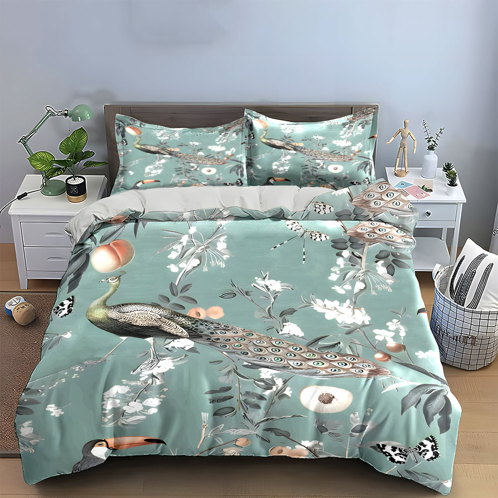 3PC Peacock Toucan Floral Bedd - огляд і ціна Aesthetic Floral Duvet Cover