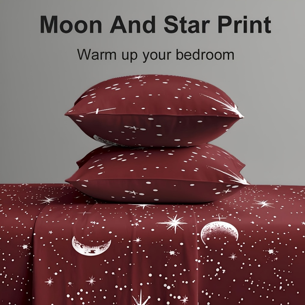 4Pcs Red Moon And Star Print M - огляд і ціна Fitted Bed Sheets Deep Pocket